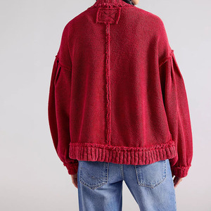 Cárdigan de punto rojo para mujer al por mayor, manga globo completa, color liso, top informal de otoño, cuello redondo, cierre de botones - Product Image 2