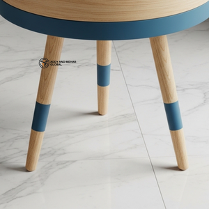 Blue Geometric Pattern Wooden <b>Stool</b> Handcrafted Round Decorative Accent <b>Stool</b> <b>with</b> Natural Wood Leg - Product Image 4