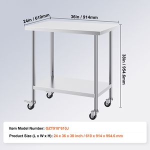 Tavolo da Lavoro in Acciaio Inox Resistente 24 X 36 X 38 Pollici, 4 Ruote, 3 Livelli di Altezza Regolabili, per Cucine Commerciali e Fabbricazioni in Acciaio - Product Image 3