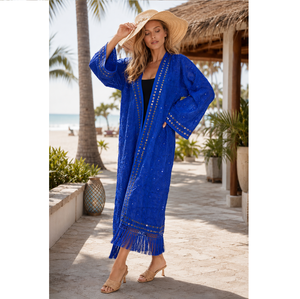 Kimono de seda moderno para mujer, cómodo, estilo bohemio, con bordado y flecos, ropa de playa, cubre bikini, ropa de estar por casa y ropa informal. - Product Image 1