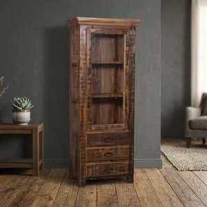 Armoire de présentation rustique en bois avec portes vitrées, tiroirs et détails sculptés à la main pour salon - Product Image 3