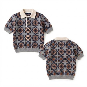 Suéter de Punto para Mujer, Manga Corta, Patrón Geométrico, Cuello Camisero, Cierre de Botones, Estilo Preppy, para Todas las Temporadas, 100% Acrílico - Product Image 3