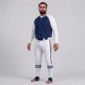 Ensemble de vêtements de baseball pour hommes, pantalon en jersey uni, manches courtes, col en V, fermeture à boutons, évacuation de l'humidité, antibactérien, respirant, 100% coton - Product Image 3