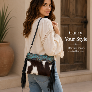 Sac à bandoulière en cuir Hairon pour femme, véritable cuir de vachette, sac à main western, sac à bandoulière en cuir repoussé, sac à main bohème, élégant et tendance - Product Image 2