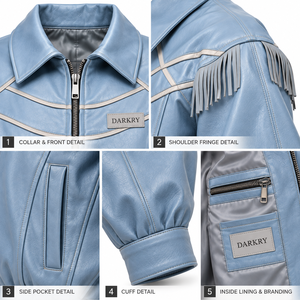 Blouson en cuir véritable bleu ciel pour femme avec franges aux épaules, taille élastique et fermeture éclair – Fabrication sur mesure - Product Image 6