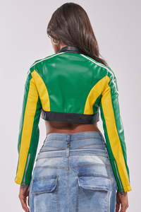 Women's Double Face PU Leather Moto Jacket Color Blocked Green Yellow <b>White</b> Full <b>Sleeve</b> Zipper Front Turn-down Collar <b>Crop</b> <b>Top</b> - Product Image 4