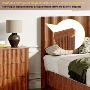Moderno Letto Queen Size in Noce con Luci LED, Design a Linee Curve Ondulate e Pannello con Scanalature Convesse - Product Image 4