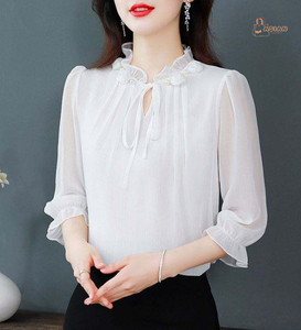 เสื้อผู้หญิงสไตล์เกาหลีเรียบง่าย แขนยาว คอตั้ง แต่งระบาย ผ้าถักลายกลีบดอกไม้  หรูหรา  ลำลอง  สำหรับฤดูร้อน  ผ้าลูกไม้  จับจีบ  เสื้อคลุม  เสื้อเบลาส์ - Product Image 1