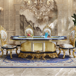 Juego de comedor de madera de teca maciza de lujo Aurelia, mesa y sillas de comedor clásicas doradas, muebles personalizados de estilo europeo. - Product Image 1
