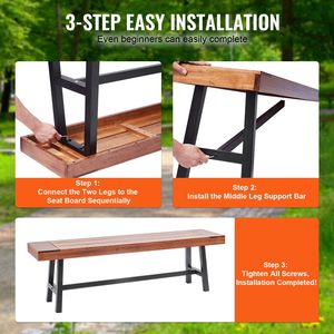 Banc de jardin en bois d'extérieur de 63 pouces avec pieds en métal, capacité de charge de 500 lb, pour parcs et hôtels - Product Image 5