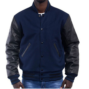 Veste de sport pour homme bleu marine avec manches en cuir PU, patch brodé personnalisé sur le devant, vêtement décontracté pour l'automne - Product Image 4