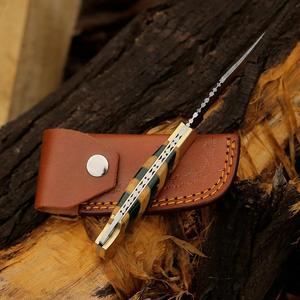Couteau pliant en acier Damas de qualité industrielle Nordic Forge, manche en bois Pakka olive, embout en laiton, étui, couteau de chasse EDC de poche - Product Image 5