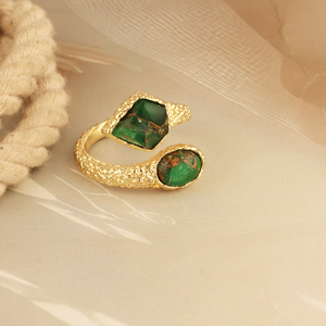 Anillo de Fiesta Tipo Wrap, Chapado en Oro de 18k, con Doble Gema de Cobre Turquesa Verde Mohave Creada en Laboratorio, Abierto por Delante, de Diseño Audaz y Llamativo - Product Image 4