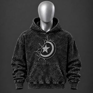 Sudadera con Capucha Negra para Hombre, Lavado Ácido, con Gráfico de Estrella Personalizado, Estilo Oversize, Urbana, Informal, de Forro Polar, OEM - Product Image 1