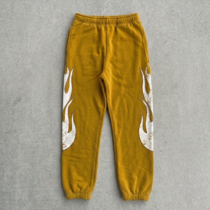 Pantalones Deportivos de Felpa Color Mostaza para Hombre, Cintura Elástica, Estampado de Llamas, Estilo Casual para Otoño - Product Image 1