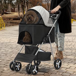 TH-PPS-495 Luxury <b>Four</b> <b>Wheel</b> Pet Stroller with Adjustable Sunshade Safety Straps Large Basket and Cup Holders - Product Image 6