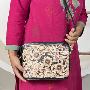 Premium Hand Tooled Leather Crossbody Handbags Floral Carved Design Women Western Style Compact Genuine Leather Shoulder Bags - Product Image 3