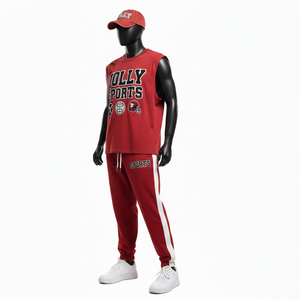 Conjunto de dos piezas sin mangas para hombre, jersey de algodón premium, color rojo, panel lateral con logo personalizado por transferencia térmica, camiseta sin mangas y pantalón para hombre - Product Image 4