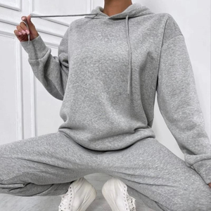 Conjunto de Sudadera con Capucha Oversize para Mujer, Gris, Mezcla de Algodón, Tejido con Estampado de Letras en la Espalda, Ropa Casual de Otoño - Product Image 1