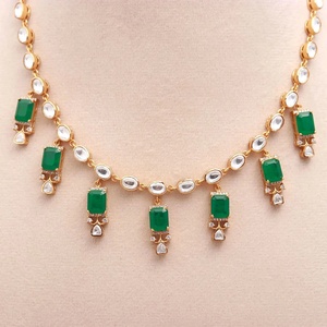 Emerald Green Polki Necklace Set 22K Gold Plated CZ Kundan Style Bridal Jewelry Set with <b>Earrings</b> for Women - Product Image 2