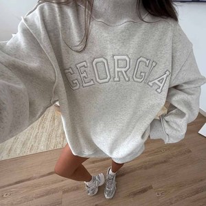 Oversized Stand Collar Sweatshirt Embroidered Georgia Letter Front 100% Cotton Knitted Unisex <b>Pullover</b> Winter 2-Piece - Product Image 5