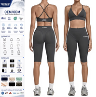 Ensemble de yoga 2 pièces brossé pour femme en Spandex/Nylon 220GSM, séchage rapide, respirant, ajusté, soutien-gorge de sport et leggings pour la course, la gym et le fitness