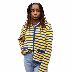 Cárdigan de Punto a Rayas Amarillo y Azul para Mujer, Manga Larga, Cuello Redondo, Botones al Frente, Suéter Informal de Corte Regular para Todas las Temporadas - Product Image 1