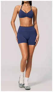 <b>Women</b> Solid High Waist Yoga <b>Shorts</b> With Logo On Left Leg Four-Way Stretch Seamless Design For Gym Fitness Workout - Product Image 3