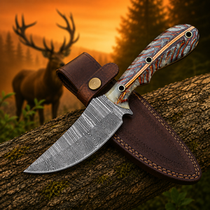 Couteau Skinner en acier Damas avec manche en résine de cône de pin et étui en cuir artisanal, couteau à lame fixe personnalisé pour le camping en plein air - Product Image 4