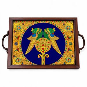 Prime Quality Handle Wooden Serving Tray Parrot Design Rectangular Shaped Elegant Decorative Design for Hotels and Cafe - Product Image 1