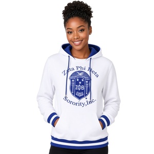Sudadera con Capucha Blanca para Mujer, Bordada con el Escudo de 1920, Forro Azul Real, Rayas Varsity, Puños Acanalados, Unisex, Felpa Gruesa - Product Image 3
