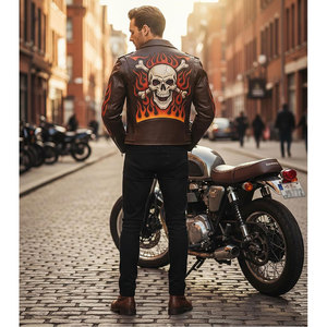 Mens Gothic Flame Skull Biker Jacket - Motorcycle <b>Fire</b> Graphic Heavy Metal Punk Rock Genuine Leather Jacket - Product Image 2