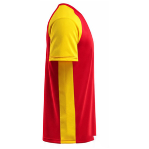 T-shirt sportif pour homme à col en V rouge à manches courtes avec bordure contrastante jaune, tricoté, coupe classique, design bicolore uni - Product Image 4
