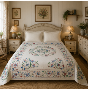 Cubrecama de Algodón Bordado Floral Tradicional de Cachemira, Tamaño Queen, Lavable, Decoración para el Hogar, Ecológico, Suave, 300 Hilos - Product Image 1