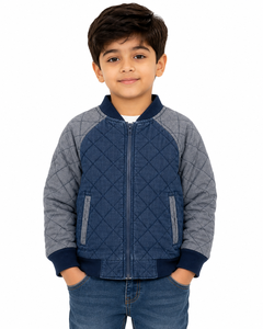 Blouson matelassé pour garçons, bleu gris, motif losanges, veste d'hiver rembourrée, veste chaude à fermeture éclair intégrale pour enfants avec col et poignets côtelés - Product Image 1