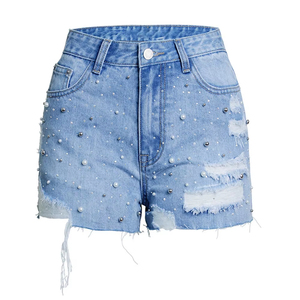 Short en jean taille haute croisée pour femme, coupe droite ample, respirant, en denim, idéal pour la plage - Product Image 1