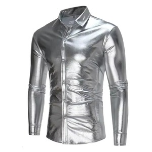 Chemise en cuir pour homme, style automne-hiver, costume de boîte de nuit, finition métallisée argentée, dorée, noire, manches longues - Product Image 4