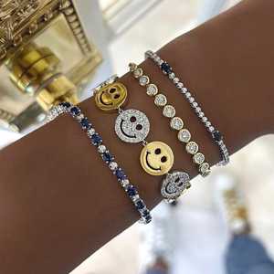 Happy Face Round Diamond Link <b>Bracelet</b> Wide Hip Hop 14K 18K Solid Gold 7 Inch Pave Set Statement Two Tone <b>Charm</b> Fine Jewelry - Product Image 4