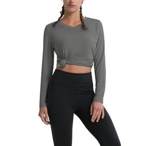 Camisetas de Manga Larga para Mujer, Cuello en V, Color Sólido, Corte Regular, Tejido Jersey de Secado Rápido, Ropa Casual para Todas las Temporadas - Product Image 3