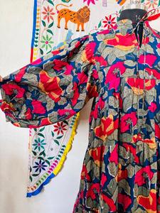 Vestido Babydoll de Algodón con Estampado Floral, Mangas Abullonadas, Estilo Smock, Silueta en A, Cintura Imperio, Mini Vestido Boho - Product Image 3