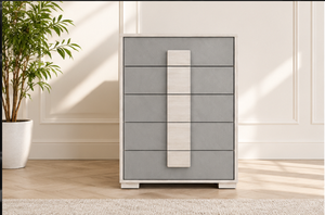 Commode blanche à cinq tiroirs fabriquée en Malaisie avec tiroirs laminés et armoire de rangement pour chambre à coucher, idéale pour la maison - Product Image 1
