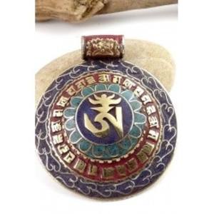 Pendentifs unisexes ronds en turquoise plaqué argent tibétain, signes bouddhistes porte-bonheur - Product Image 1