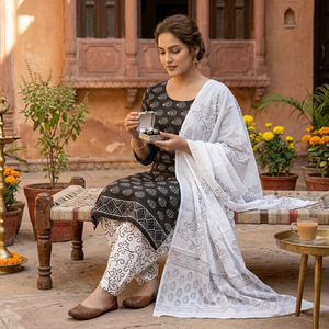 Traje Indio de Algodón con Estampado Floral Blanco y Negro para Mujer |   Salwar Kameez Punjabi de Alta Calidad con Estampado a Mano |   Conjunto de Ropa Casual Étnica - Product Image 3