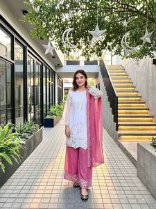 Women's Premium Faux Georgette Embroidered <b>Sequin</b> Pearl <b>Top</b> Palazzo Suit Set | Designer Party Wear | Polyester/Cotton - Product Image 2