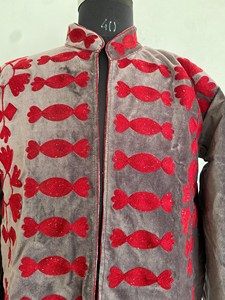 Bohemian Luxury <b>Velvet</b> <b>Jacket</b> with Bold Red Suzani Embroidery Handmade Full Sleeve <b>Women's</b> Outerwear - Product Image 5