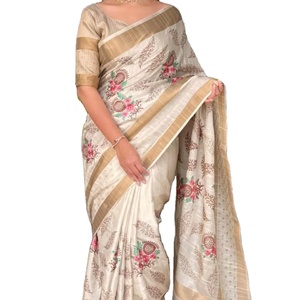 ผ้าไหมทัสเซอร์เนื้อนุ่มสวยงาม พร้อมลายพิมพ์ดิจิทัลจากผู้ผลิตผ้าส่าหรี และงานปักด้วยด้ายหลากสีเต็มผืน - Product Image 1