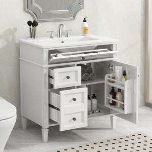 Modern 30\" Bathroom Vanity with Top <b>Sink</b> 2 Drawers and Tip Drawer Single <b>Sink</b> Bathroom <b>Storage</b> Cabinet - Product Image 1