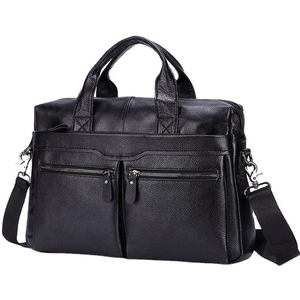 Men's Genuine <b>Leather</b> Business <b>Briefcase</b> With Adjustable Strap Classic Style Zipper Closure Black - Product Image 2