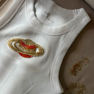 <b>Top</b> Seller Customize Color White T-Shirt for Women Double-Sided Movable Bead Handmade Embroidery Heavy Work Beaded Shirt - Product Image 1