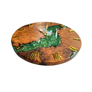 Reloj de Pared Redondo de Madera de Burl con Resina Epoxi, Incrustaciones de Río Verde, Números Romanos Dorados, Hecho a Mano, Decoración Moderna para el Hogar, Hecho en Vietnam - Product Image 3
